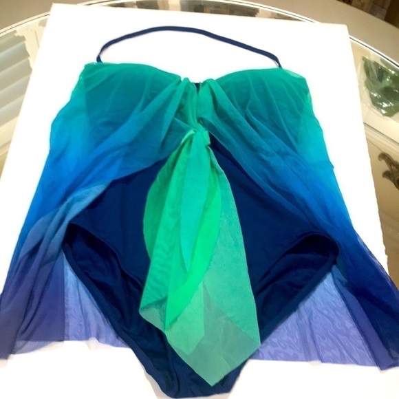 Ralph Lauren one piece halter Ombre women’s swimsuit exotic A-Blue NWT - Picture 3 of 4